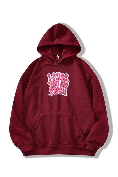 RPT MODA Oversized Casual Cut Pink I Miss You Printed Detail Hooded Basic Sweatshirt Top