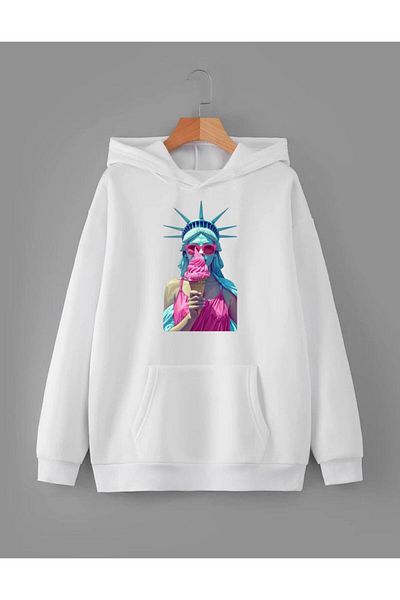 RPT MODA Oversized Relaxed Cut Sculpted Ice Cream Print Detail Hooded Basic Sweatshirt Top