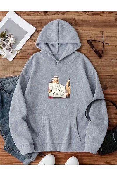 RPT MODA Oversized Casual Cut Pink Slogan Printed Detail Basic Sweatshirt Top with Hood