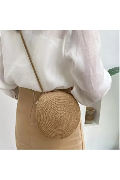 Honney Boutique El Yapımı Hasır Çanta Yuvarlak Hasır Çanta Yaz Plaj Çantası Dokuma Omuz Çantaları 12x12 cm