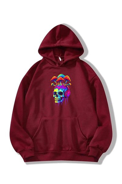RPT MODA Oversized Casual Cut Colorful Skull Print Detail Basic Sweatshirt Top with Hood