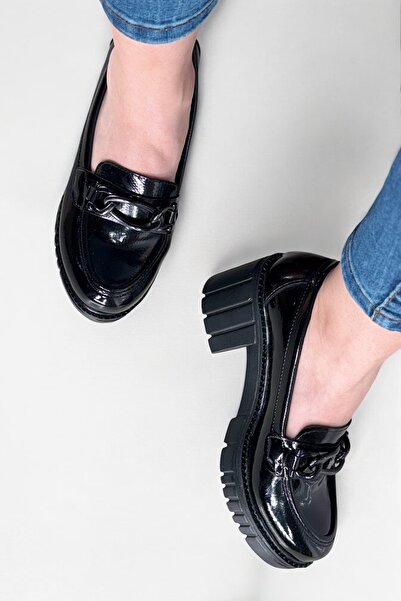 Y&D Shoes Pantofi de damă loafers din piele lacuită neagră cu cataramă casual