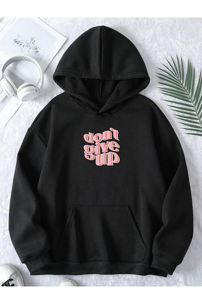 RPT MODA Oversized Relaxed Cut Dont Give up Printed Detail Hooded Basic Sweatshirt Top