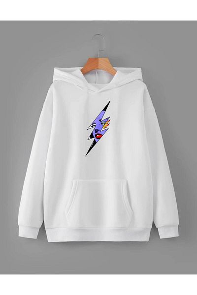 RPT MODA Oversized Casual Cut Lightning Print Detail Hooded Basic Sweatshirt Top