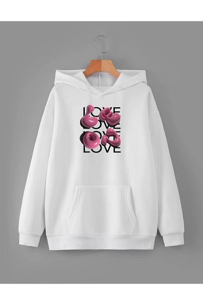 RPT MODA Oversized Casual Cut Pink Love Text Printed Detail Hooded Basic Sweatshirt Top