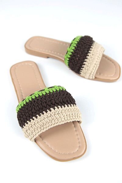 Gökhan Talay Uranus Women's Colorful Knitted Detailed Brown Skin Slippers