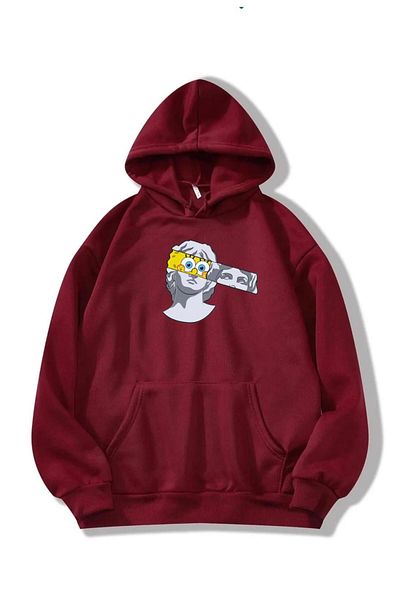 RPT MODA Oversized Casual Cut Sculpted Print Detail Hooded Basic Sweatshirt Top