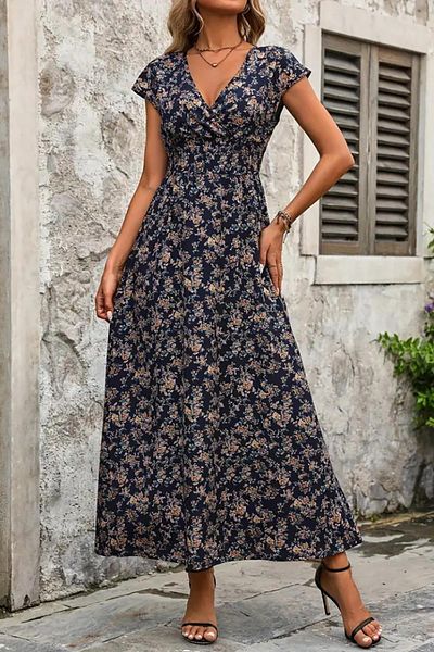 Deafox Rochie lungă din jerseu cu mânecă scurtă, albastru bleumarin, cu guler dublu, cu imprimeu floral, cu talie elastică