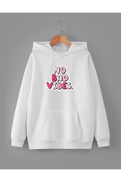 RPT MODA Oversized Relaxed Cut No Bad Vibes Print Detail Hooded Basic Sweatshirt Top