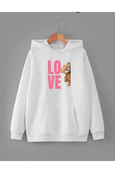 RPT MODA Oversized Casual Cut Love Pink Teddy Bear Print Detail Hooded Basic Sweatshirt Top
