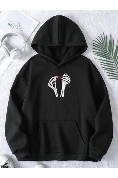 RPT MODA TOP DE PULOVER DE BAZĂ CU GLUGĂ, CU DETALII DE IMPRIMARE DE MÂNĂ SKELET