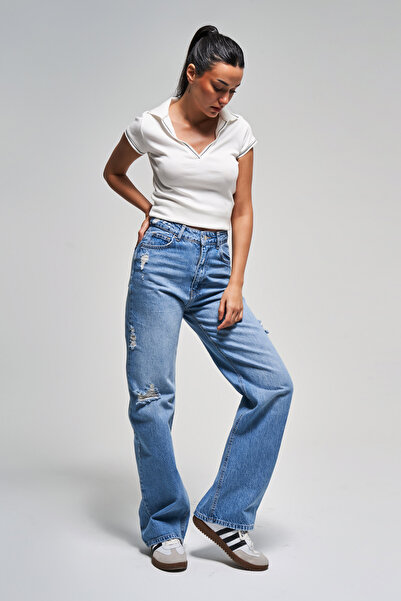 its basic Μπλε τζιν χρώμα Γυναικείο τζιν τζιν λέιζερ με λεπτομέρεια 100% βαμβακερή ψηλή μέση