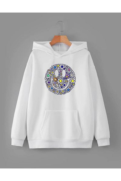 RPT MODA Oversized Casual Cut Flower Smiling Face Print Detail Hooded Basic Sweatshirt Top