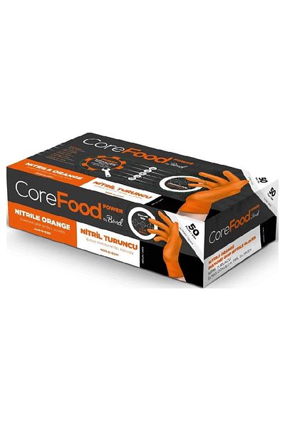 COREFOOD Nitrile Orange Multi-Purpose Powder-Free Gloves 50 Pcs (Size L) Tear-Resistant Work Gloves
