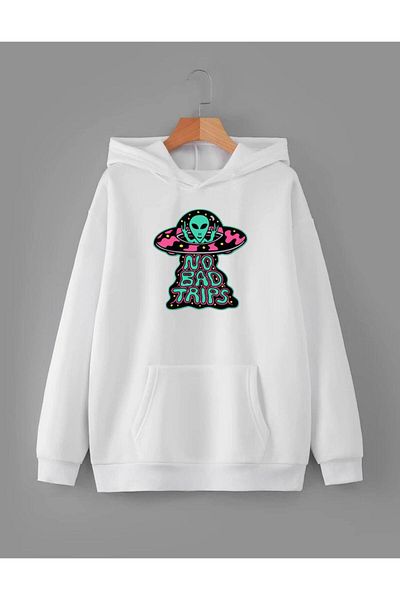 RPT MODA Oversized Casual Cut Alien Print Detail Basic Sweatshirt Top with Hood