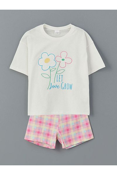 LC Waikiki Lcw Kids White Bicycle Collar Floral Girl's Shorts Pajama Set