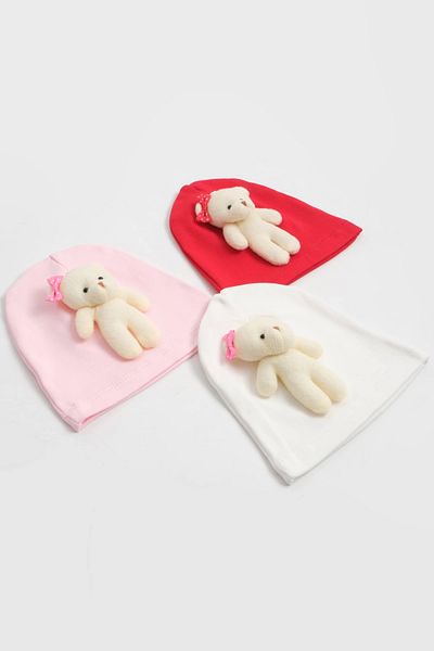LOGO AKSESUAR Baby Girl Plush Bear 3-Piece Cotton Beanie