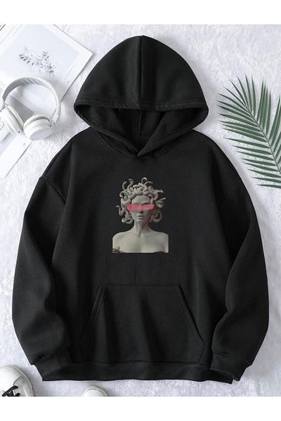 RPT MODA Oversized Casual Cut Sculpted Snake Print Detail Basic Sweatshirt Top with Hood
