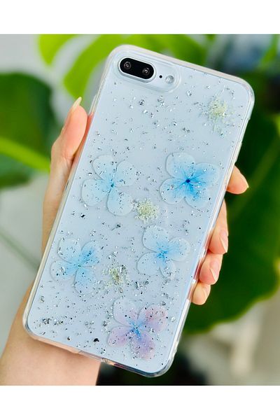 Go Aksesuar حافظة بتصميم زهرة لامعة باللون الأزرق الإيبوكسي متوافقة مع هاتف Iphone 7 Plus و8 Plus