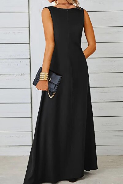 Deafox Black Sleeveless Boat Neck Maxi Janjan Crepe Dress