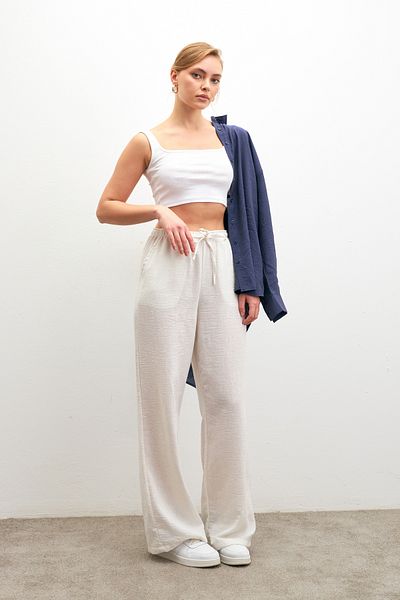 Ladima Women's White Linen Blended Loose Fitting Trousers