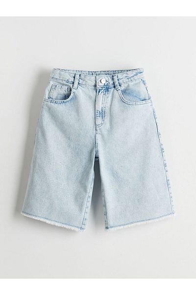 LC Waikiki Blue Girl's Jean Shorts with Adjustable Waist Elastic