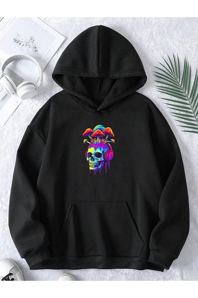 RPT MODA Oversized Casual Cut Colorful Skull Print Detail Basic Sweatshirt Top with Hood