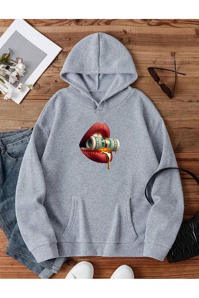 RPT MODA Oversized Casual Cut Lip Print Detail Hooded Basic Sweatshirt Top
