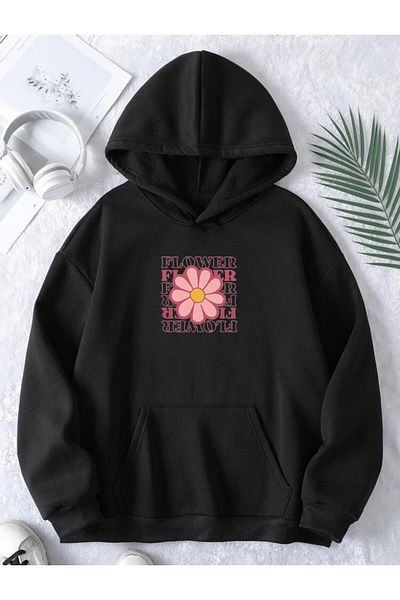 RPT MODA Oversized Casual Cut Flowers Printed Detail Hooded Basic Sweatshirt Top