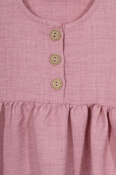 zepkids Crew Neck Buttoned Hat Accessory Dusty Rose Color Girls Linen Dress