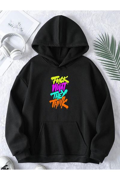 RPT MODA Oversized Relaxed Cut What Thi̇nk Print Detail Hooded Basic Sweatshirt Top