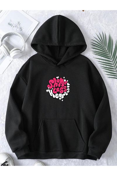 RPT MODA Oversized Casual Cut Pink  Print Detail Hooded Basic Sweatshirt Top