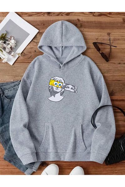 RPT MODA Oversized Casual Cut Sculpted Print Detail Hooded Basic Sweatshirt Top