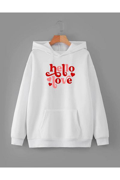RPT MODA Oversized Casual Cut Hello Love Print Detail Hooded Basic Sweatshirt Top