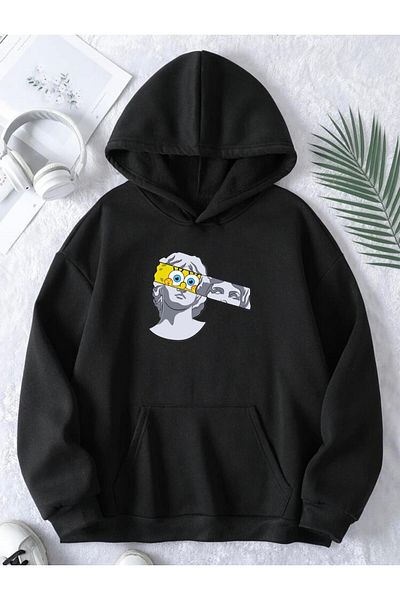 RPT MODA Oversized Casual Cut Sculpted Print Detail Hooded Basic Sweatshirt Top