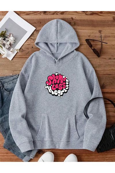 RPT MODA Oversized Casual Cut Pink  Print Detail Hooded Basic Sweatshirt Top