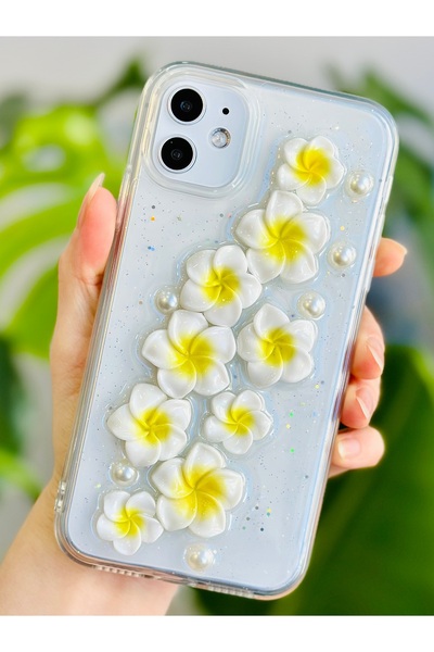 Go Aksesuar Iphone 12 ve 12 Pro Uyumlu Sarı Çiçek Tasarım Oyuncaklı Esnek Silikon Kılıf