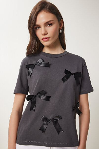 Lovelyİstanbul Cotton Bow T-Shirts Anthracite Lcr0028