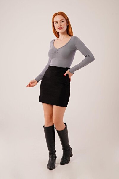 HobiDünyasıElif melfxxl Μπλούζα με φαρδύ γιακά γκρι Basic Body