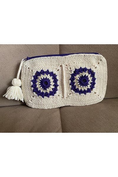 Afilli Purple Lilac White Embossed Flower Design Zipper Hand Knitted Card Holder Phone Case Wallet Small Purse