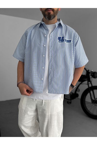 BYBASICMAN Dark Blue Old Printed Striped Shirt Jj-85