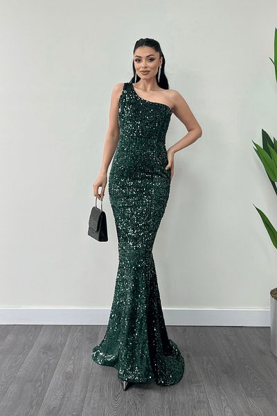 giyimmasalı Velvet Sequin One Sleeve Evening Dress - Emerald Green