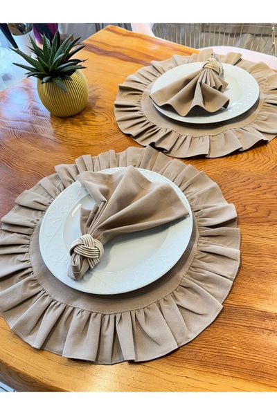 Konyaaltı Çeyizevi 2'li Fırfırlı Keten Amerikan Servisi Koyu Bej