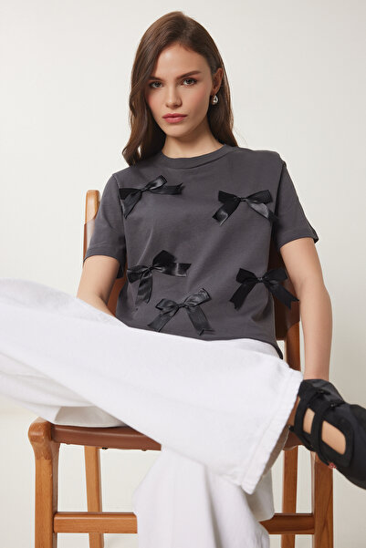 Lovelyİstanbul Cotton Bow T-Shirts Anthracite Lcr0028