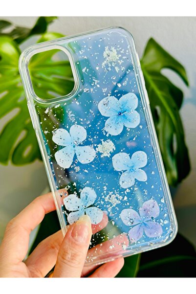 Go Aksesuar Iphone 11 Uyumlu EPOKSİLİ Mavi Simli Çiçek Tasarımlı Oyuncaklı Esnek Silikon Kılıf