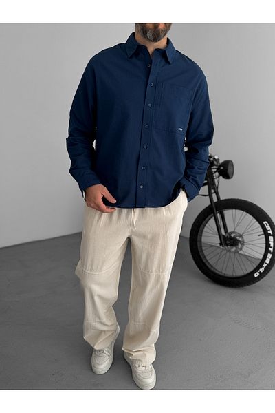 BYBASICMAN Navy Blue Single Pocket Embossed Boxy Fit Shirt Jj-183