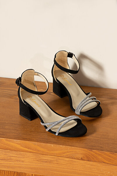 eformoda by emre yılmaz Black Suede Women's Stoned Open Short Heeled Shoes 8084