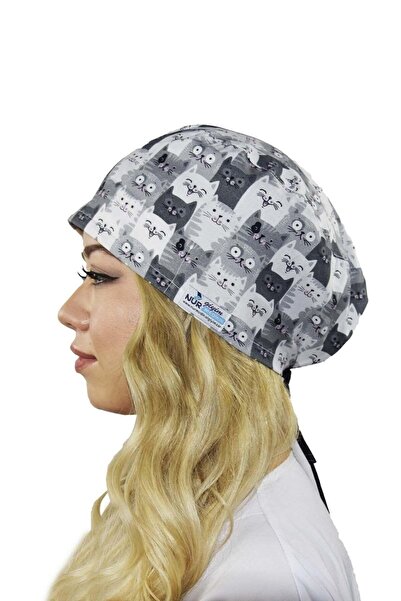Nur Medikal Giyim Unisex Gri Kediler Desenli Cerrahi Bone Hemşire Saç Bonesi