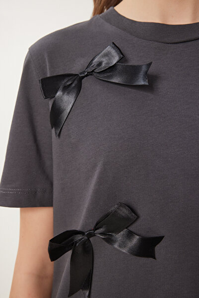 Lovelyİstanbul Cotton Bow T-Shirts Anthracite Lcr0028