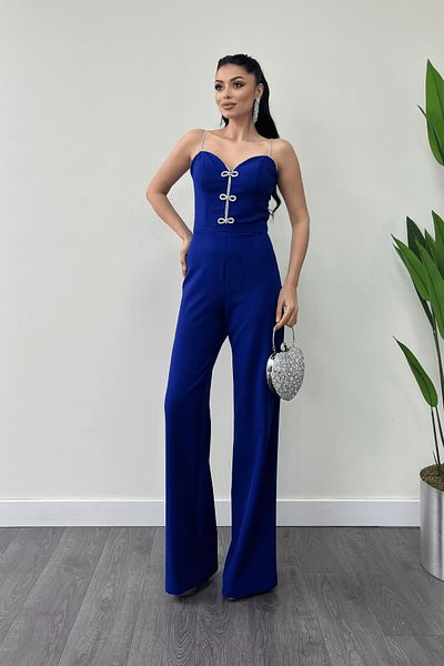 giyimmasalı Salopetă de rochie de seară cu fundă din țesătură Atlas - SAKS BLUE